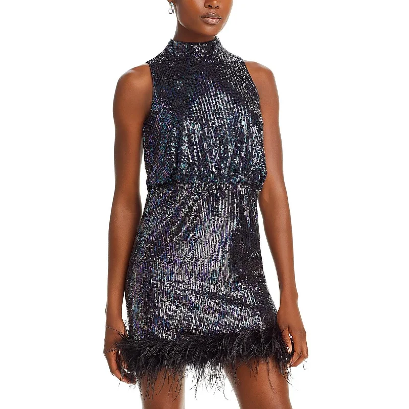 Can't Be Beat Eliza J Womens Feather Trim Sequined Cocktail And Party Dress