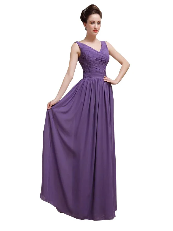 Price Meltdown Simple V-Neck Pleats Chiffon Long Bridesmaid Dresses