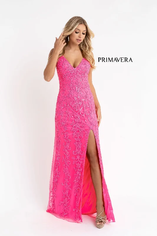 Today’s Special Primavera Couture 3749 Size 6 Neon Pink Sequined Prom Dress V Neckline Sweeping Train Evening Gown