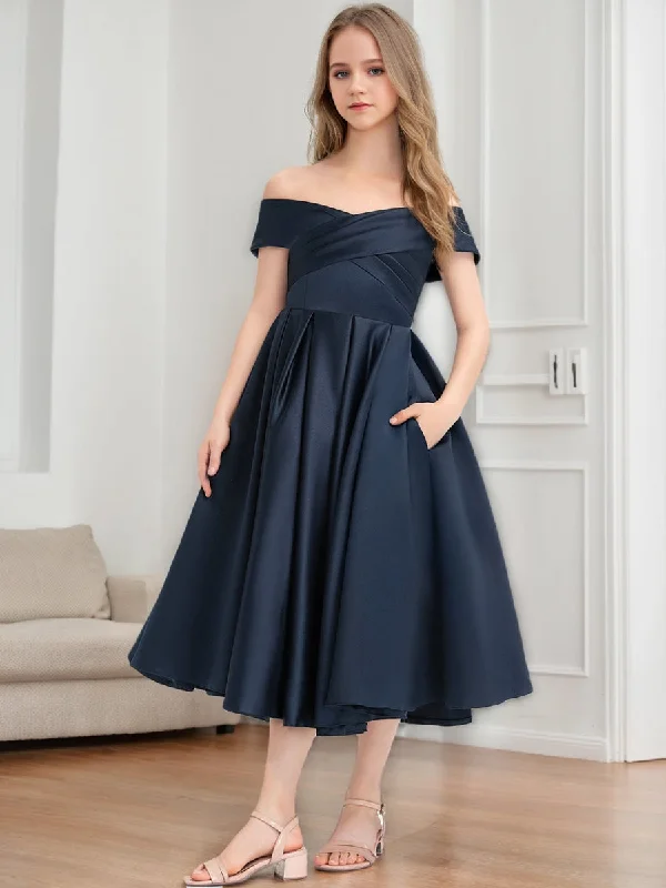 Limited Time A-Line/Princess Off-the-Shoulder Short Sleeves Ruched Junior Bridesmaid Dresses