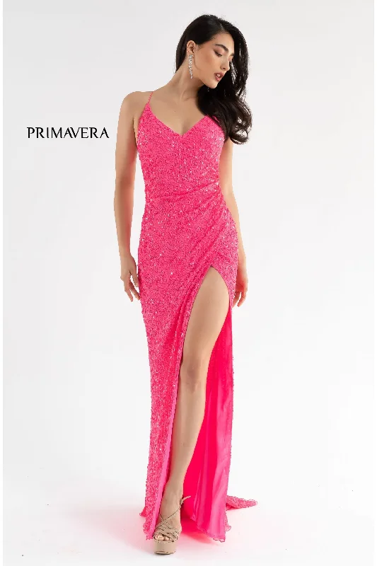 Daily Specials Primavera Couture 3791 Size 6 Neon Pink Prom Dress V Neckline Sequins Lace Up Tie Back Side Slit