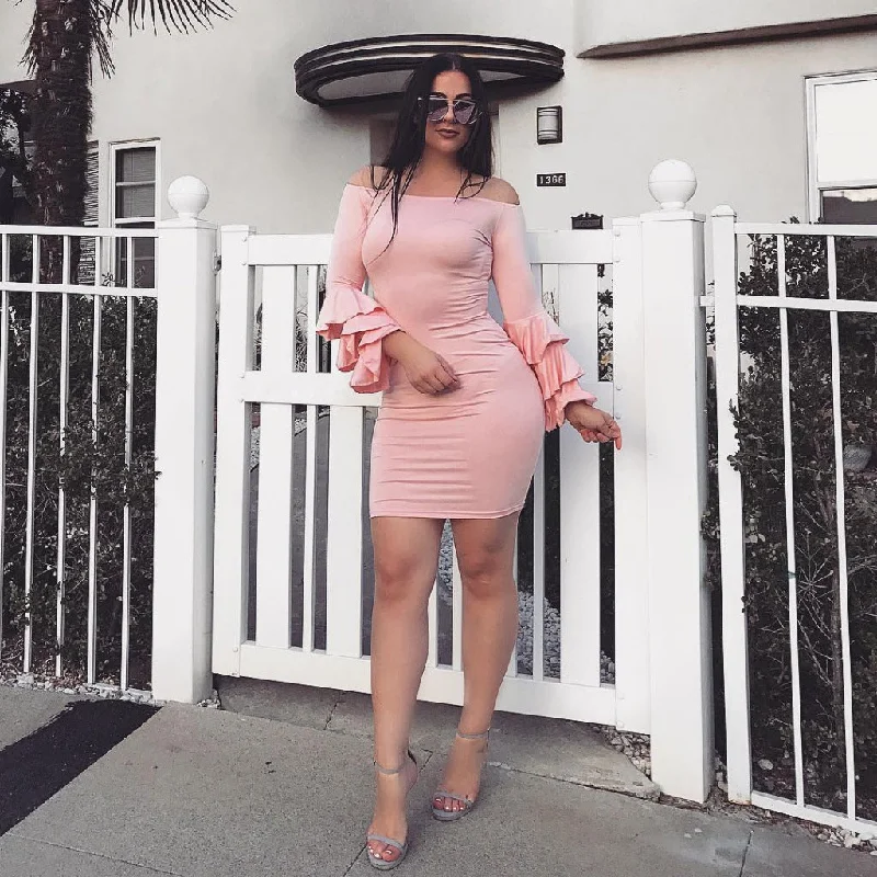 Closeout Sale Long Trumpet Sleeves Off Shoulder Short Bodycon Dress