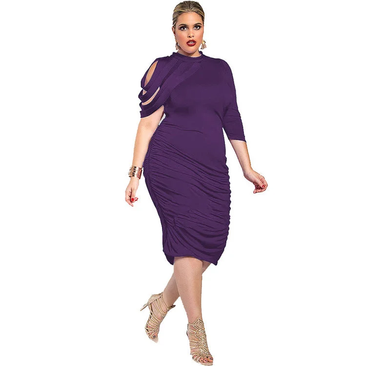 Blowout Sale Pure Color Half Sleeves Scoop Irregular Knee-length Dress with Plus Size