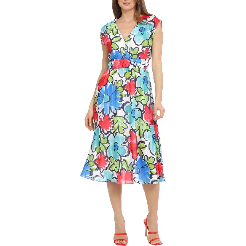 Epic Deals Maggy London Womens Floral V-Neck Midi Dress