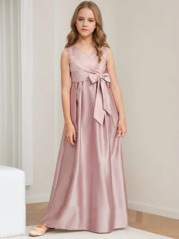 Online Only A-Line/Princess V-Neck Sleeveless Ruched Junior Bridesmaid Dresses