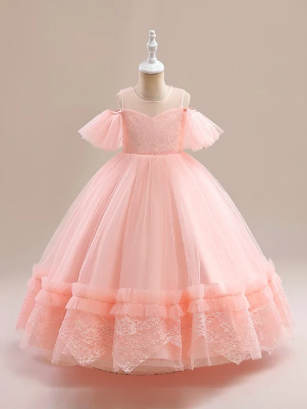 Overstock Sale Ball Gown Cold Shoulder Short Sleeves Flower Girl Dresses with Applique