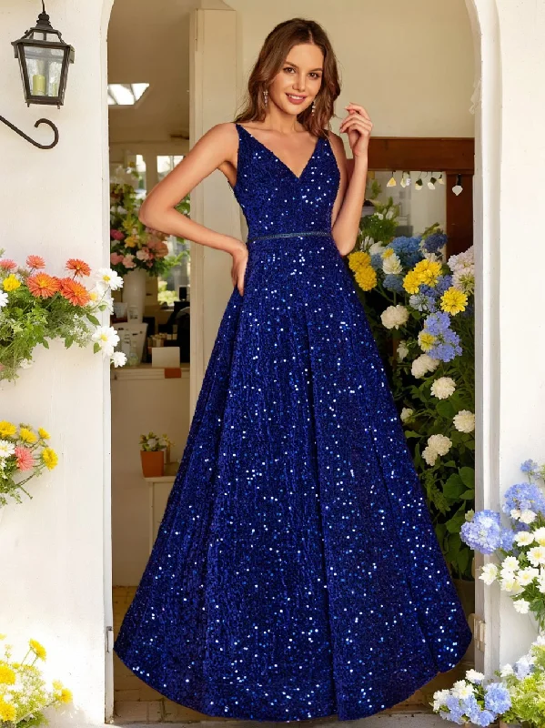 Exclusive Preview A-Line/Princess V-Neck Long Prom Dresses with Belt