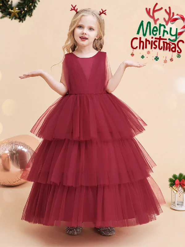 Can't Miss Tulle Ball Gown Scoop Sleeveless Ankle-Length Christmas Dresses for Girls
