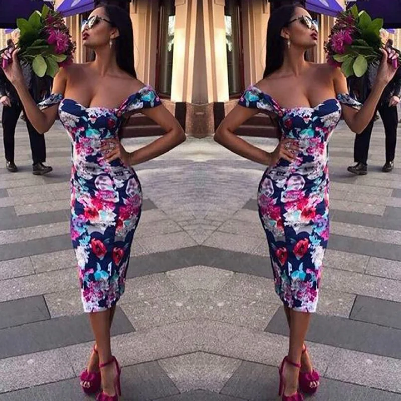 Friends and Family Sale Flower Print Short Sleeves Off Shoulder Knee-length Slim Dress