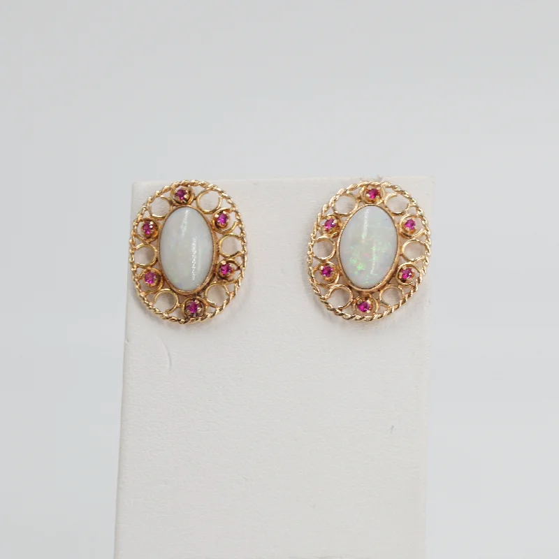 Unmissable Offer 14K Gold Open Work Opal Earrings with Ruby Accents and Screw On Backs