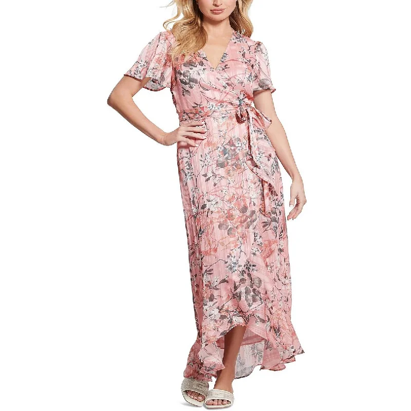 Buy More, Save More Guess Womens Juna Metallic Floral Wrap Dress