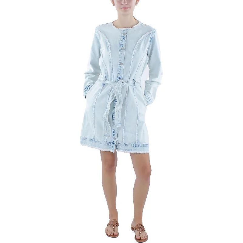 Closeout Rubberband Jeans Womens Belted Mini Shirtdress