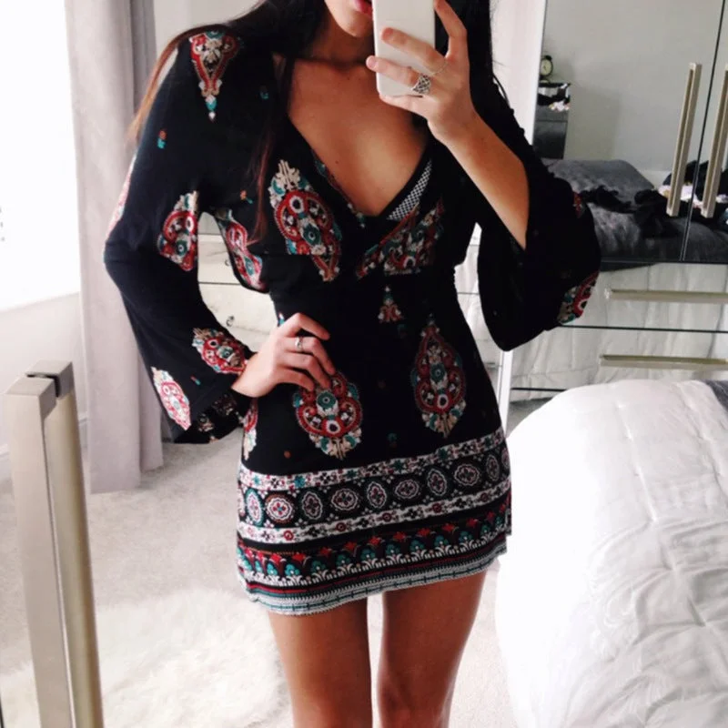 Limited Time Discount Print Long Trumpet Sleeves V-neck Loose Short Dress