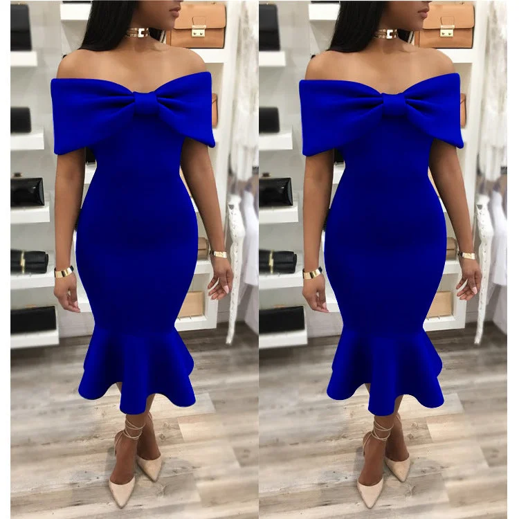 Markdowns Big Bowknot Off Shoulder Short Sleeves Mermaid Tee-length Dress