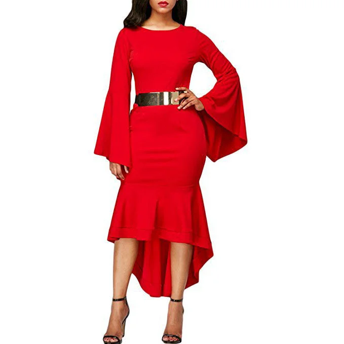 Deal Explosion Pure Color Long Trumpet Sleeves Irregular Scoop Knee-length Dress