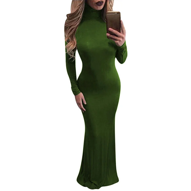Best Bargains High Neck Slim Long Sleeves Pure Color Long Party Dress