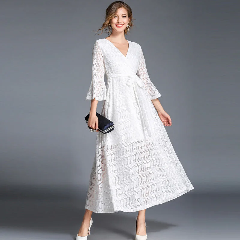 Exclusive Preview V-neck High Waist Half Trumpet Sleeves A-line Long Lace Party Dress
